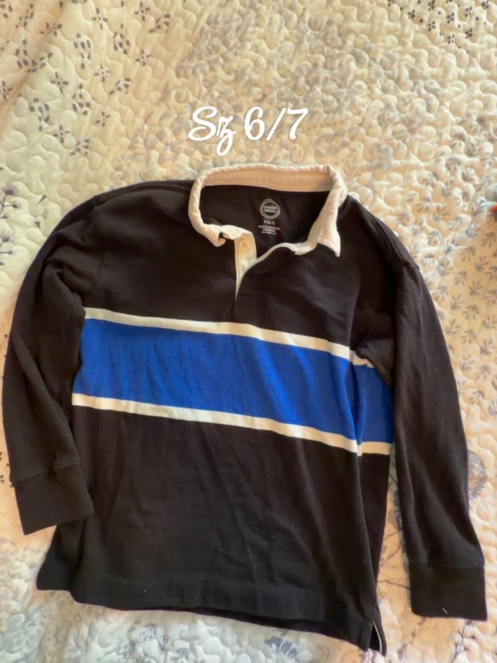 Black Rugby Shirt with Blue and Cream Stripes